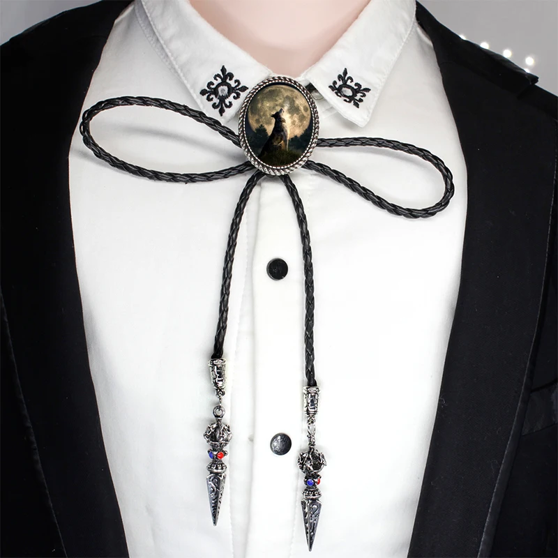 BOLO-0024 New Fairy Howling Wolf Art Oval Bolo Tie Vowboy Hand Craft Slide Western Tie Neck Glass Photo Tie Leather Necklaces - Окраска металла: 4-1