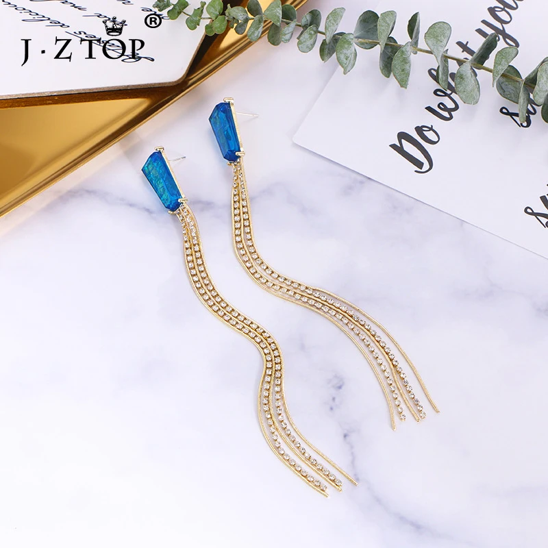 

JZTOP Brand Gold Color Long Tassel Earrings for Women 2019 Crystal Bridal Drop Earrings Wedding Engagement Earring Jewelry