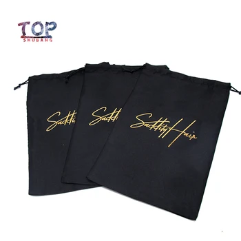 

100Pcs / Lot Custom Logo Shiny Gold Black Silk Drawstring Pocket Hair Packaging Satin Bags Tassel Women Wig Storage Bag Gift Bag