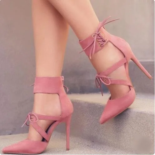 

Sexy Pink Suede High Heels Pumps 12cm Pointed Toe Big Ankle Strap Tie-up Women Shoes High Heels Customized Pumps Women Shoes