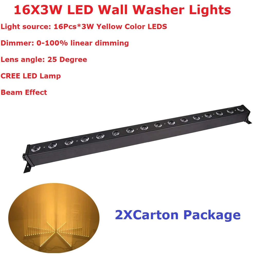 

Free Shipping 2Pcs/Lot 16X3W Yellow Color Indoor LED Bar DMX Wall Washer Lights CREE LED Lamp Bar Lights 25 Degree Lens Angle