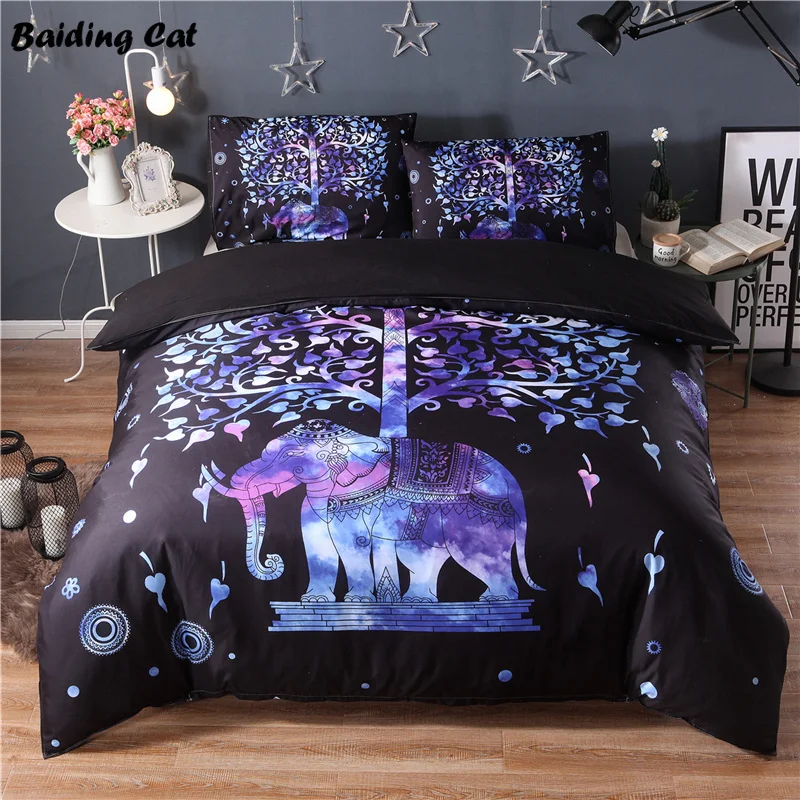 

Blue Elephant Under The Tree Printed Bedding Set Cute Bohemian Bed Line Duvet Cover Set with Pillowcase Twin Us Queen King Size