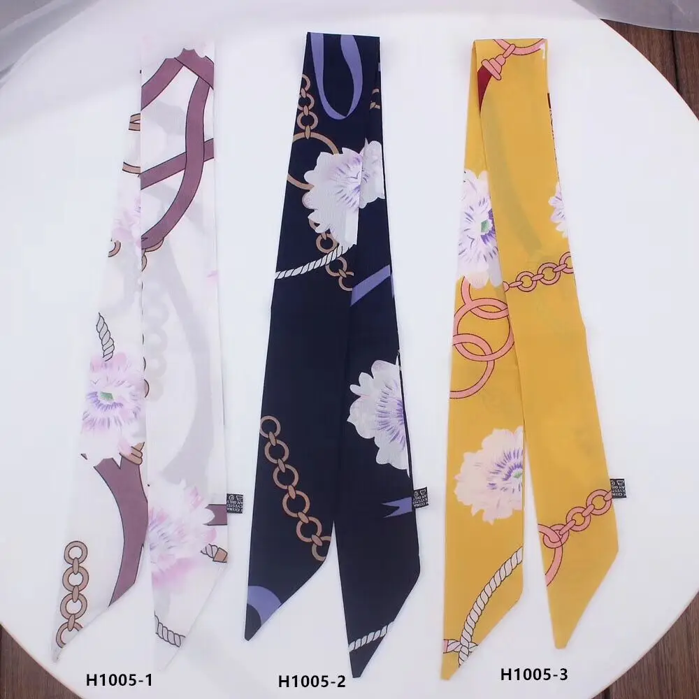 

2019 women silk scarf small size Long skinny neck hair scarves silk feeling fashion Floral print Bag Ribbons head scarfs foulard
