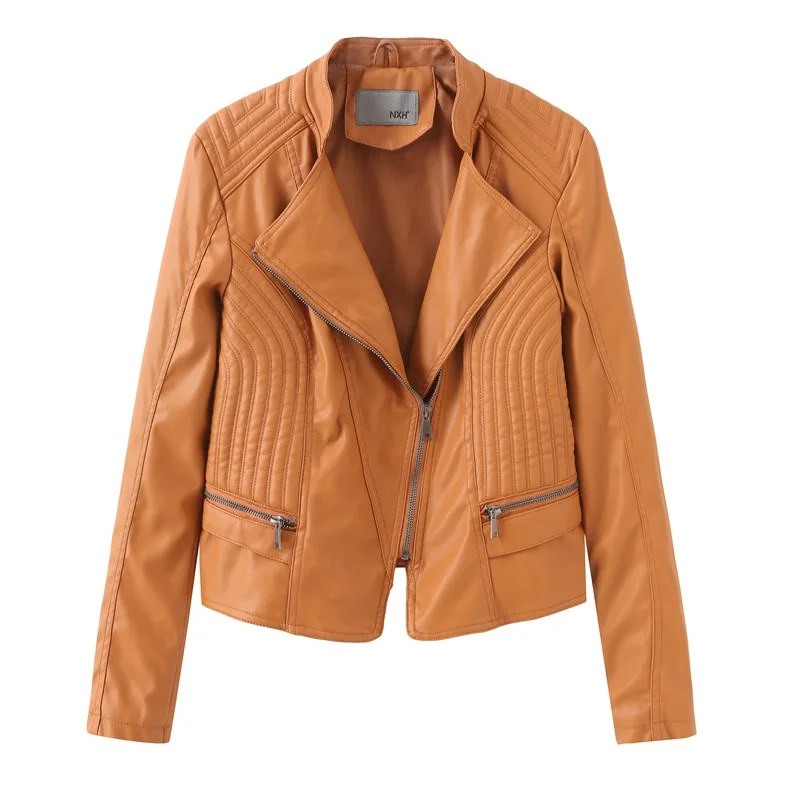 NXH faux leather jackets women Turn-down Collar moto biker jacket plus size women coat spring autumn fashion streetwear skyblue