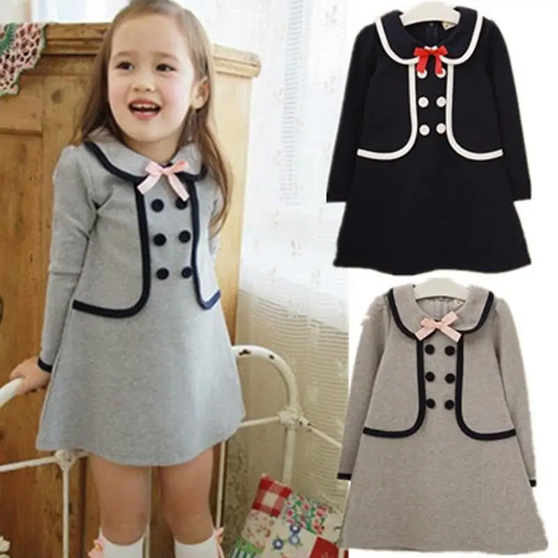 

2017 New Kids&girls Dress Children Cute Bowknot Faux Two Piece One-piece Girl's Party Dresses Long-sleeve Dress For Girl