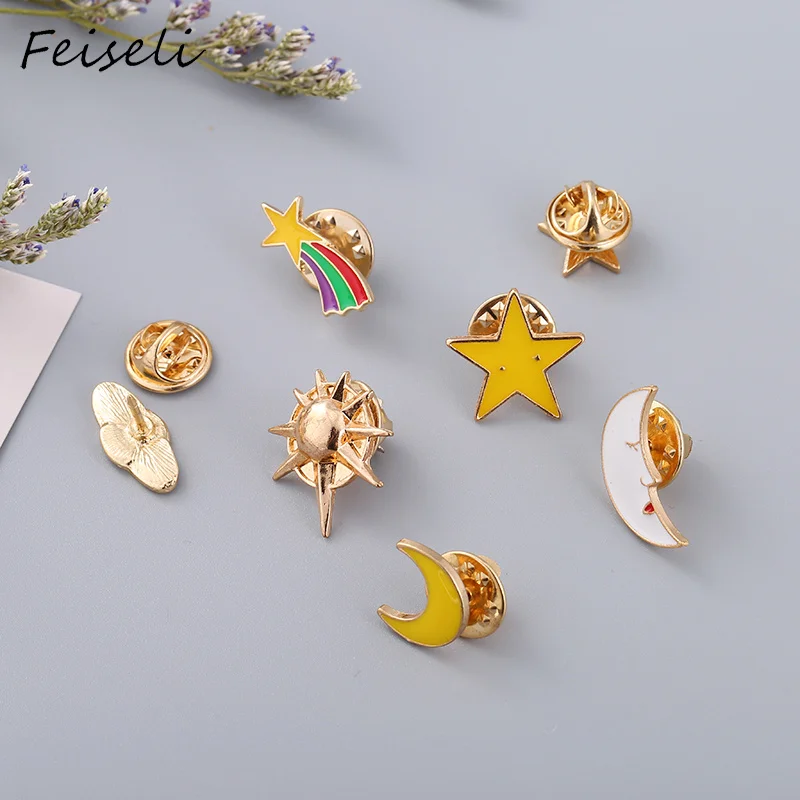 

Feiseli Yellow Enamel Moon Star Rainbow Planet Brooch For Women Girls Sweater Clothes Brooch Pins Metal Badge Corsage