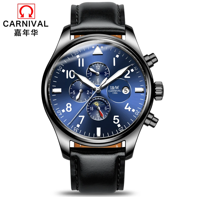 

Carnival Mechanical Men Watch Phase Moon Leather Strap Double calendar Stainless Steel Multi-Function Clock Relogio Masculino