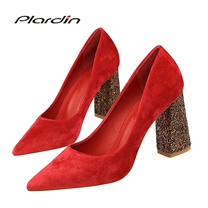 

Plardin New Four Seasons Shoes Woman Concise Fashion Women Suede Material Shoes Party Wedding Bling Crude High Heel Women Pumps