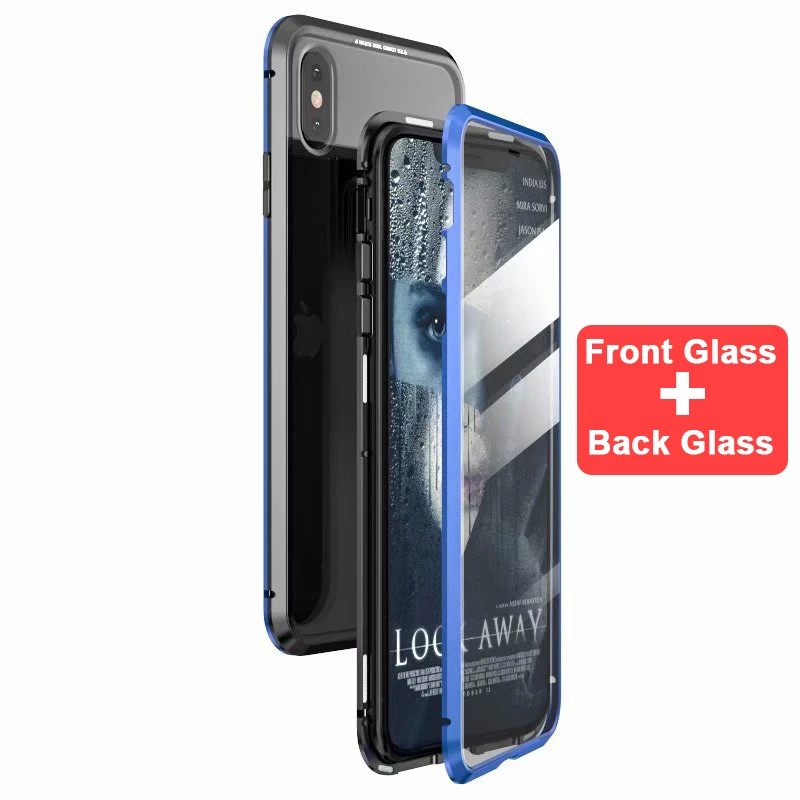 OMG Double sided glass Magnetic case for iphone XS Max X 7 8 Plus Luxury metal 360 degree Full protection coverfor iphone 7 8 Xr - Цвет: Black blue
