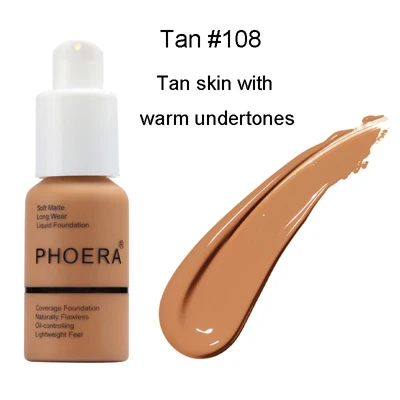 PHOERA 30 мл матовый Жидкий тональный крем для лица SPF 30 стойкий макияж покрытие основа натуральное масло контроль консилер Maquiagem - Цвет: 108 Tan