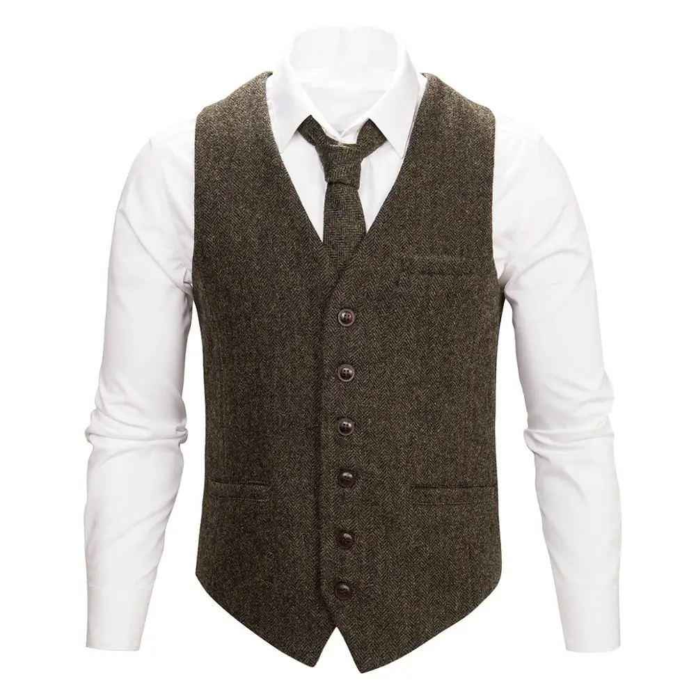 BOTVELA 100 Wool Coffee Brown Suit Vest Men Herringbone Fabric