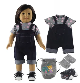 

New 4in1 Set Doll Clothes+Shoes+Socks+Gray Bag for 18'' American Doll Handmade Clothes Outfit