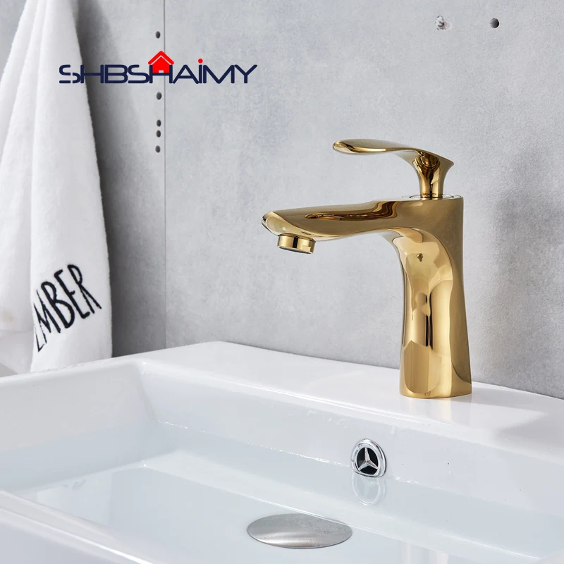 

Golden Bathroom Basin Faucet Deck Mounted Single Handle Single Hole Cold and Hot Water Mixer Tap Sink
