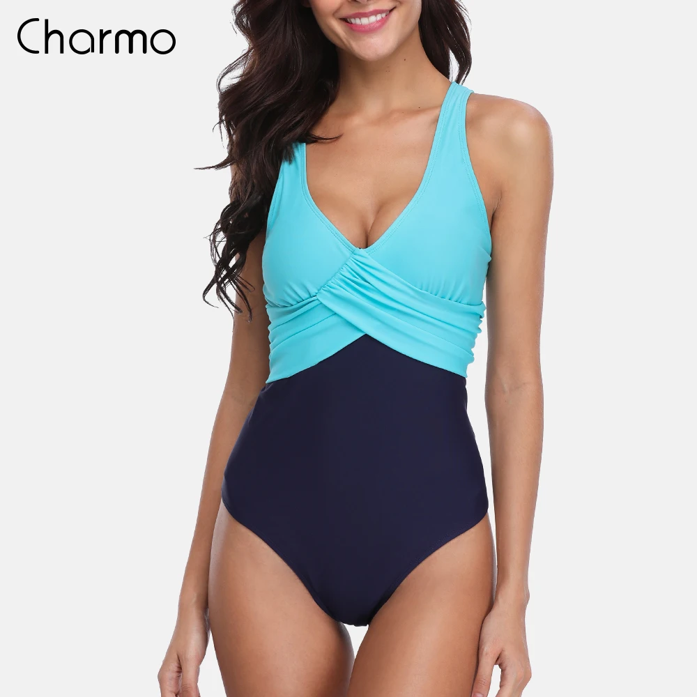 

Charmo Women One Piece Swimwear Colorblock Swimsuit From Cross Sexy Bikini Beachwear Monokini Bathing Suit rushed patchwork suit