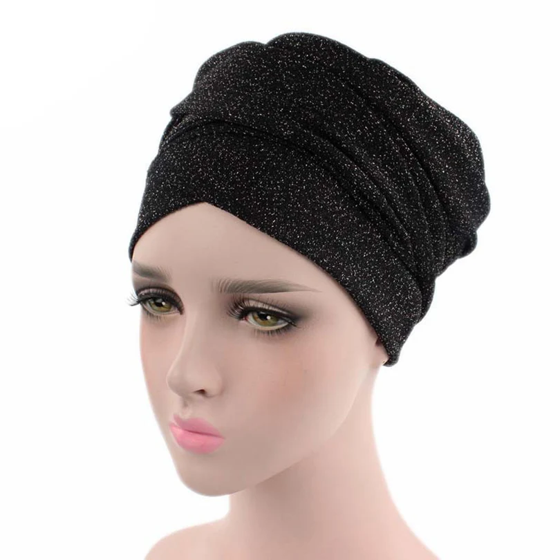 Банданы AWAYTR Блестящий тюрбан мусульманский головной убор для женщин модный головной убор шарф женские аксессуары для волос черная цветная повязка на голову - Цвет: black