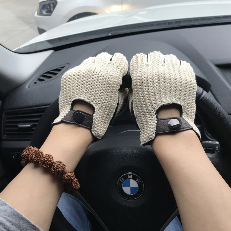 Мужские перчатки на половину пальца вязаные + кожаные перчатки мужские летние дышащие без подкладки Нескользящие перчатки для вождения