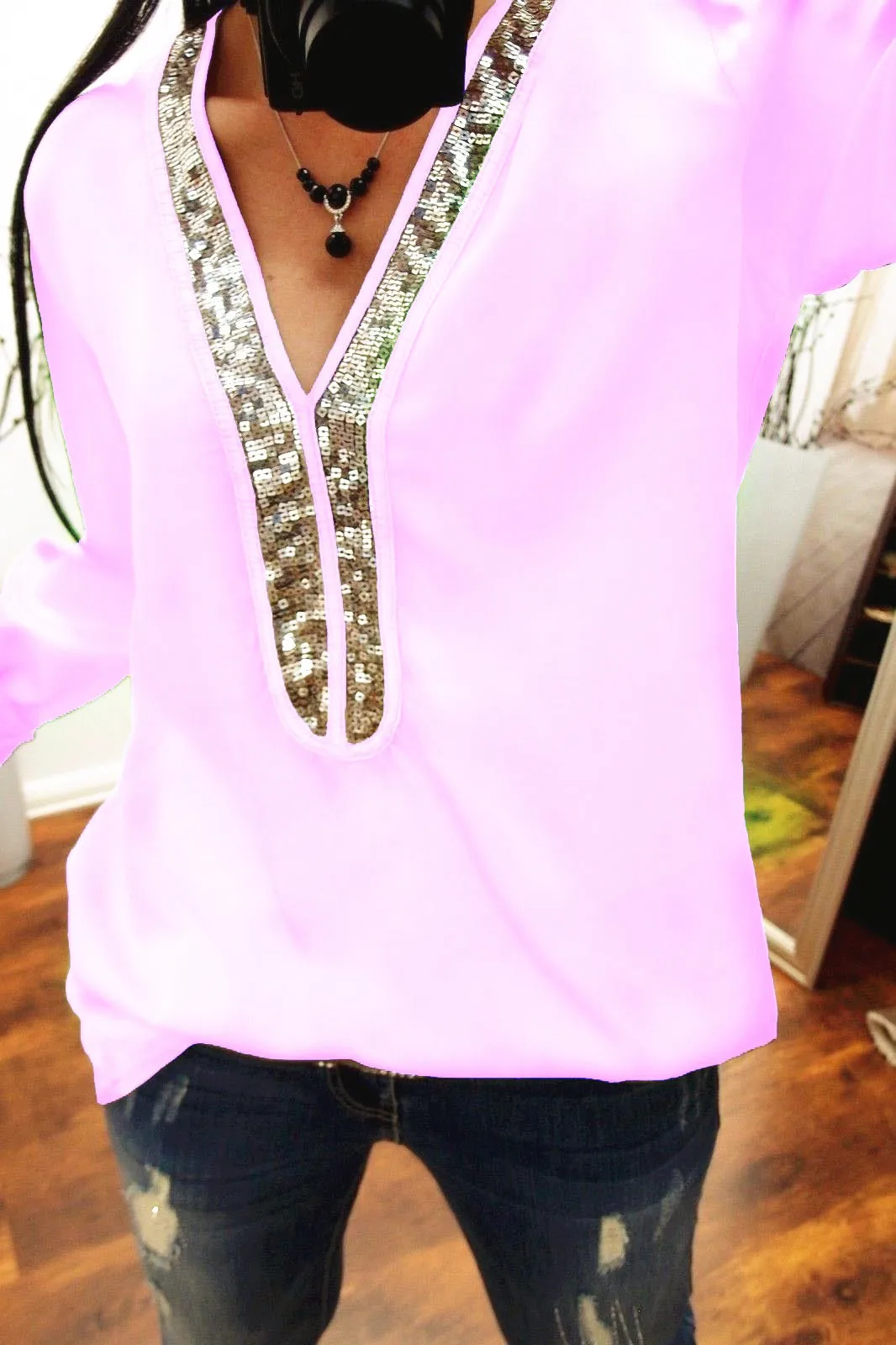 Осенняя женская футболка, Сексуальная рубашка с v-образным вырезом и длинным рукавом, расшитая блестками, Готическая Повседневная Свободная шифоновая футболка с длинным рукавом размера плюс, Топ 5XL - Цвет: Розовый