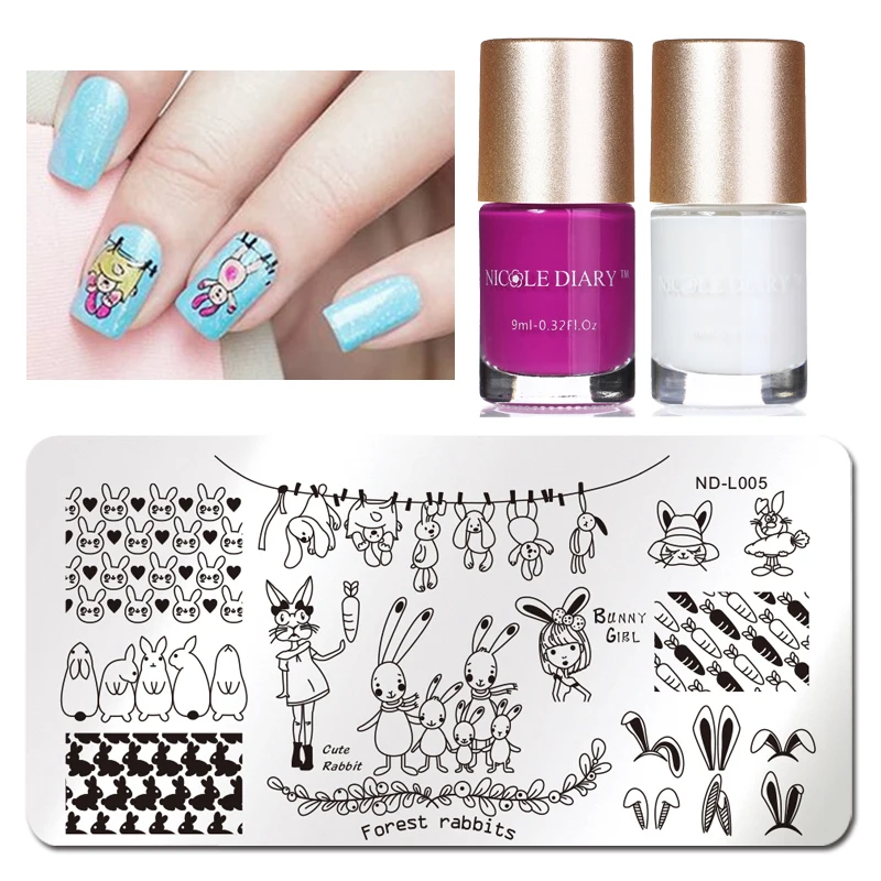 

NICOLE DIARY Bunny Girl Rabbit Stamp Plate With White Rose Red Stamping Polish Set Nail Art Image Plate Stamp Varnish Kit