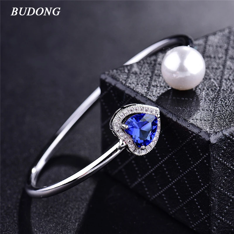 BUDONG Ladies Imitation Pearl Infinity Bangle Silver color Bracelet Heart Love Blue CZ Zircon font b