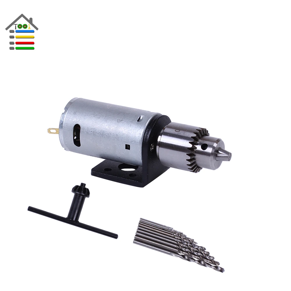 

Mini DC 3-12V Electric Motor Wood PCB Hand Drill Press Drilling Set with 10PC 0.5-3mm Twist Bits and JTO Chucks Bracket Stand