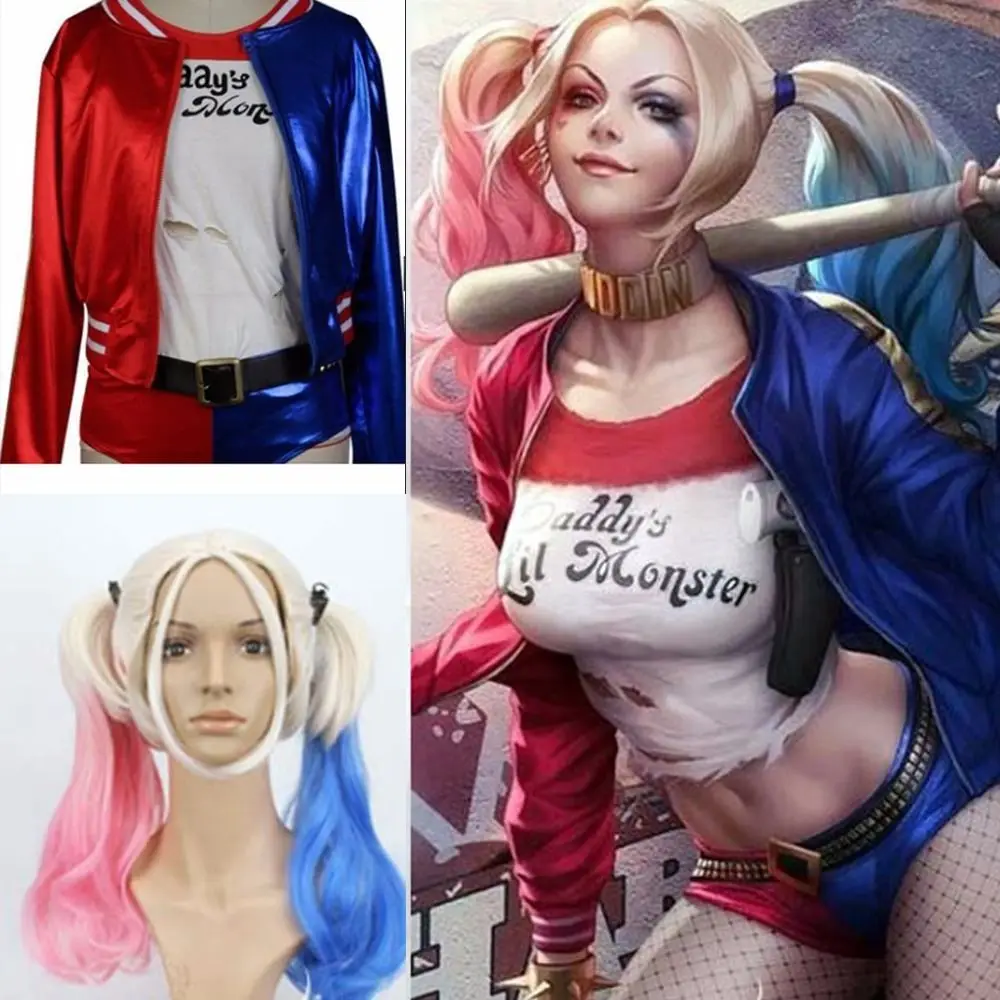 Halloween Batman Harley Quinn DC Comic Suicide Squad Cosplay Costume Full set with Wig Belt Glove