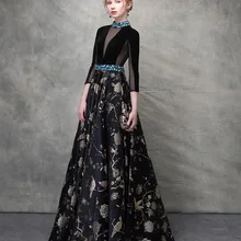 Черный пояс с бисером винтажный элегантный женский v-образный вырез велюр цветы хост шоу банкет свадебное платье