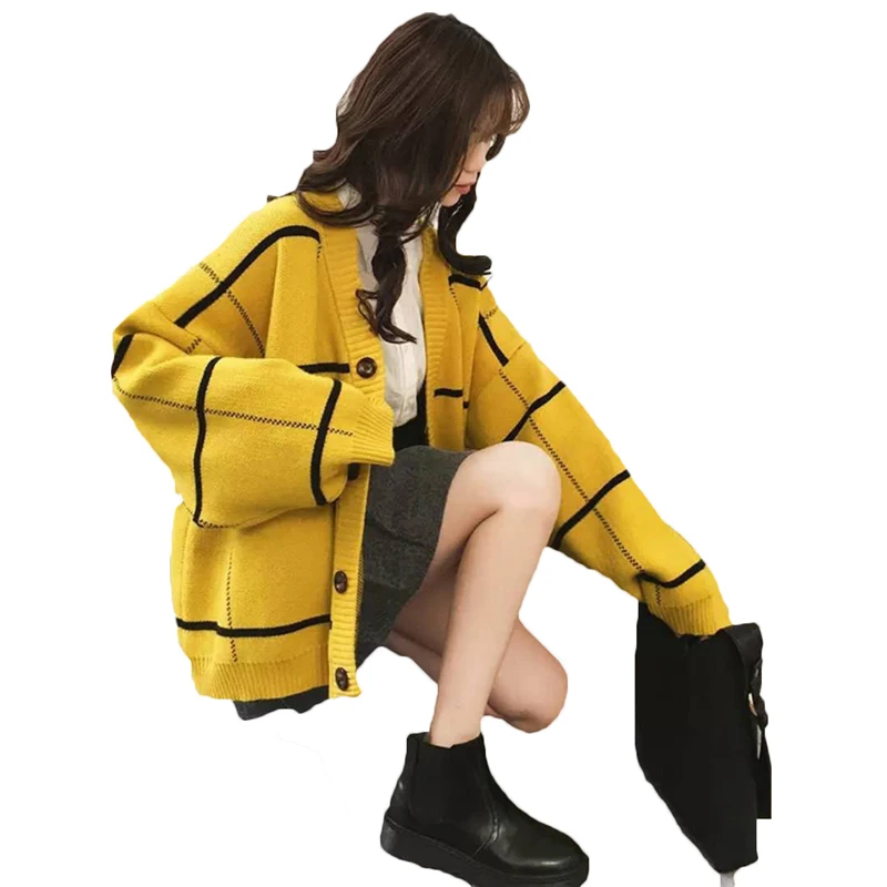 

2018 Girl Casual Short Knitted Cardigan Coat Spring Autumn Korean Women Loose Check color Button Sweater Jacket A177