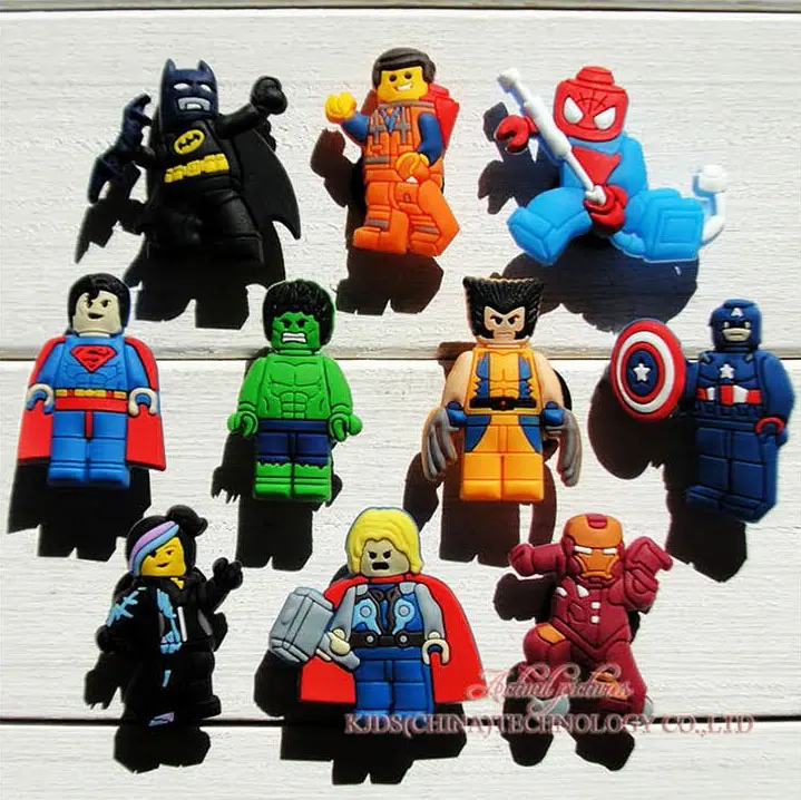 

High Quality 50pcs/lot Super Man super heros PVC shoe decoration shoe charms shoe accessories for croc wristbands kids gift
