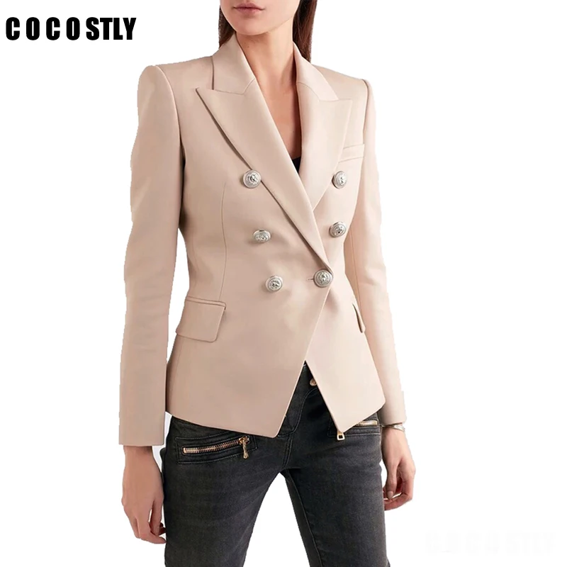 

European Blazer Women Casual Slim fitness Metal Gold Button Jacket Office Lady White Black Khaki Colors Female Blazer Feminino