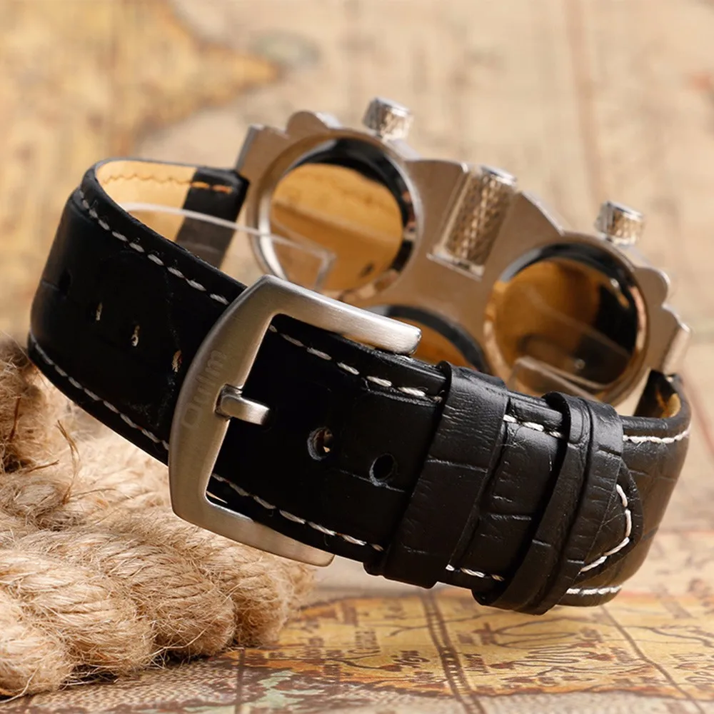 OULM часы для Для мужчин Три Часовой пояс большие Размеры нерегулярные циферблат из натуральной кожи ремешок Военные Для Мужчин's Наручные часы мужские часы