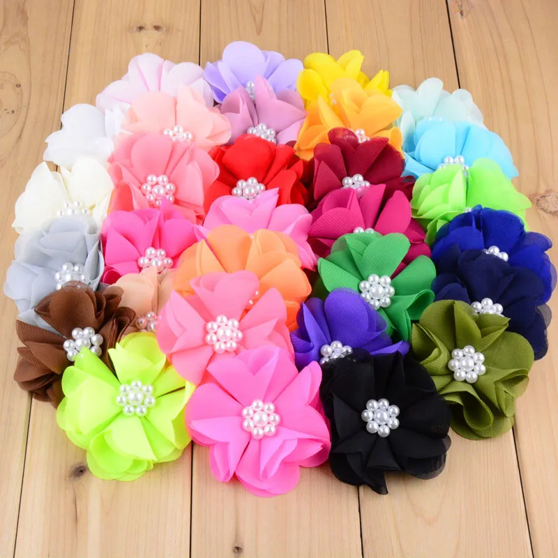 

50pcs/lot 30 Color U Pick 2.8 Inch Handmade Pearl Chiffon Flowers Sew With Pearl Center Boutique Wedding Hair Accessories TH02