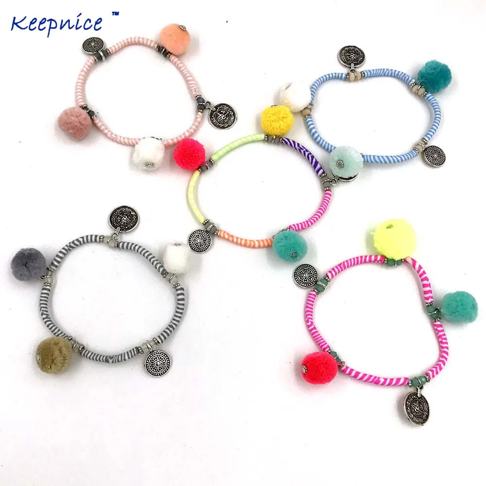 

New Arrival Rolo Chain Face Lace-up New Bohemia Boho Summer Sea Beach Pompoms Colorful Polymer Beaded Bangle For Women