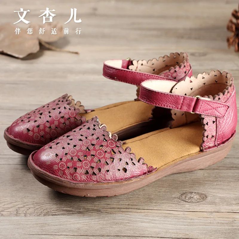 Кожаные сандалии ручной работы с вышивкой; женская обувь с массажной подошвой; женские сандалии с отверстиями и вентиляцией - Цвет: Розово-красный