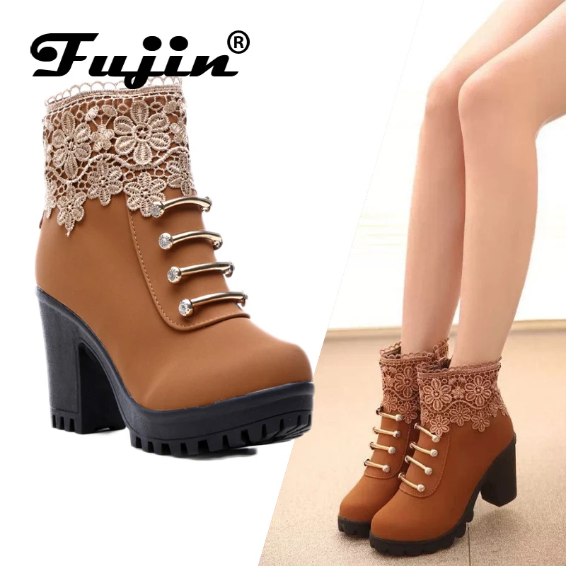En Ligne 2019 automne Mode Femmes Bottes PU En Cuir Bout Rond Cheville Bottes Sexy Dentelle Dames 7 cm Haute Talons 2 cm plate forme Chaussures Femme zip
