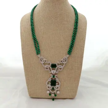 

N012906 19'' 2 Rows Natural 6mm Green Malachite Necklace CZ Pendant