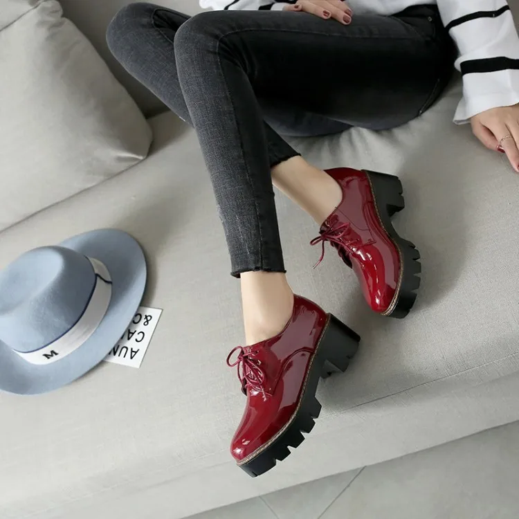 Platform Shoes Woman High Thick Heels Oxford Shoes For Women Patent Leather Creepers Casual Oxfords Spring Pumps Women Shoes Red (16)