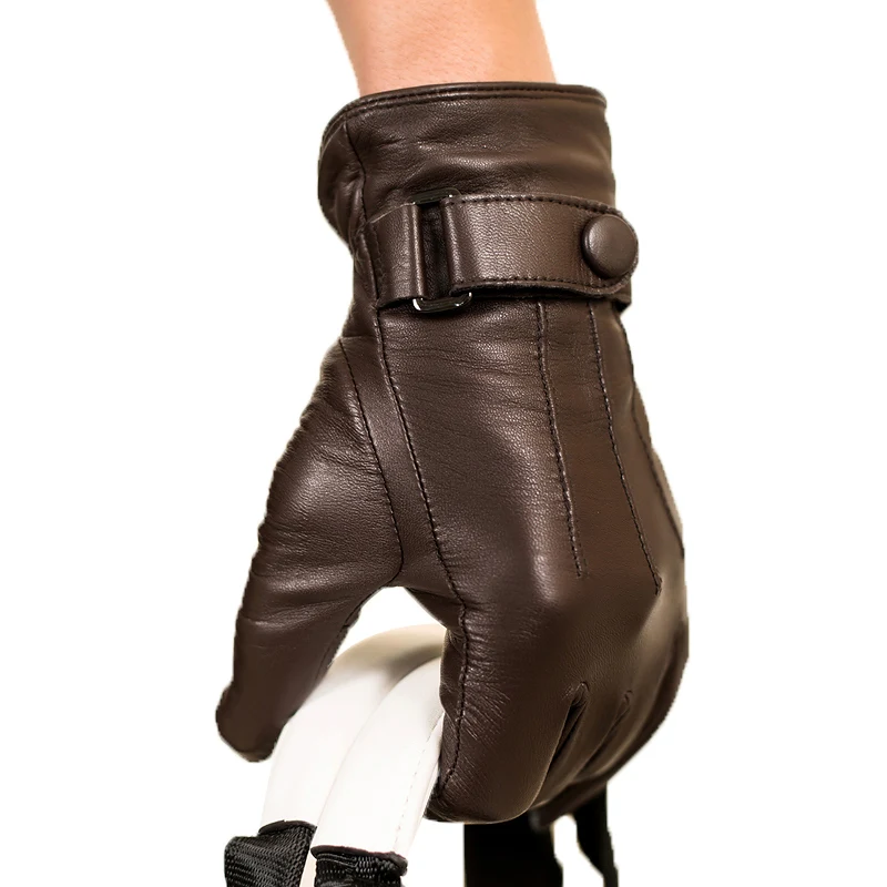 

Men's Genuine Leather Gloves Real Sheepskin Black Touch Screen Gloves belt Fashion Brand Winter Warm Mittens New