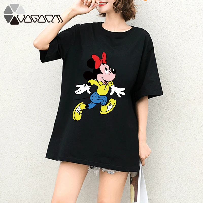

Summer Clothes Women Minnie Mickey Mouse Print Tops Tee Short Sleeve Black White Loose Cartoon Plus Size T Shirts Casual Femme