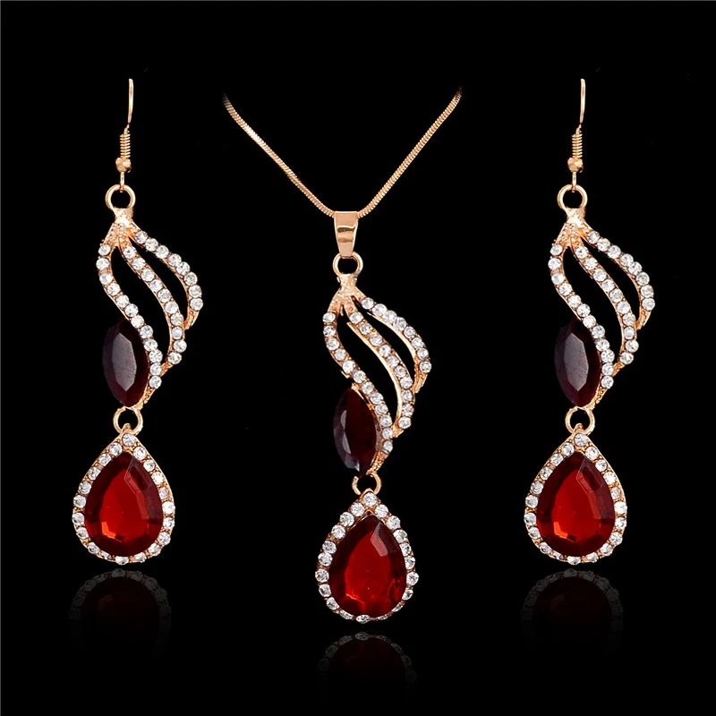 

SHUANGR Fashion Red Cubic Zirconia CZ Zircon Jewelry Water Drop Pendants Necklace Earrings Gold Color Jewelry Sets For Women