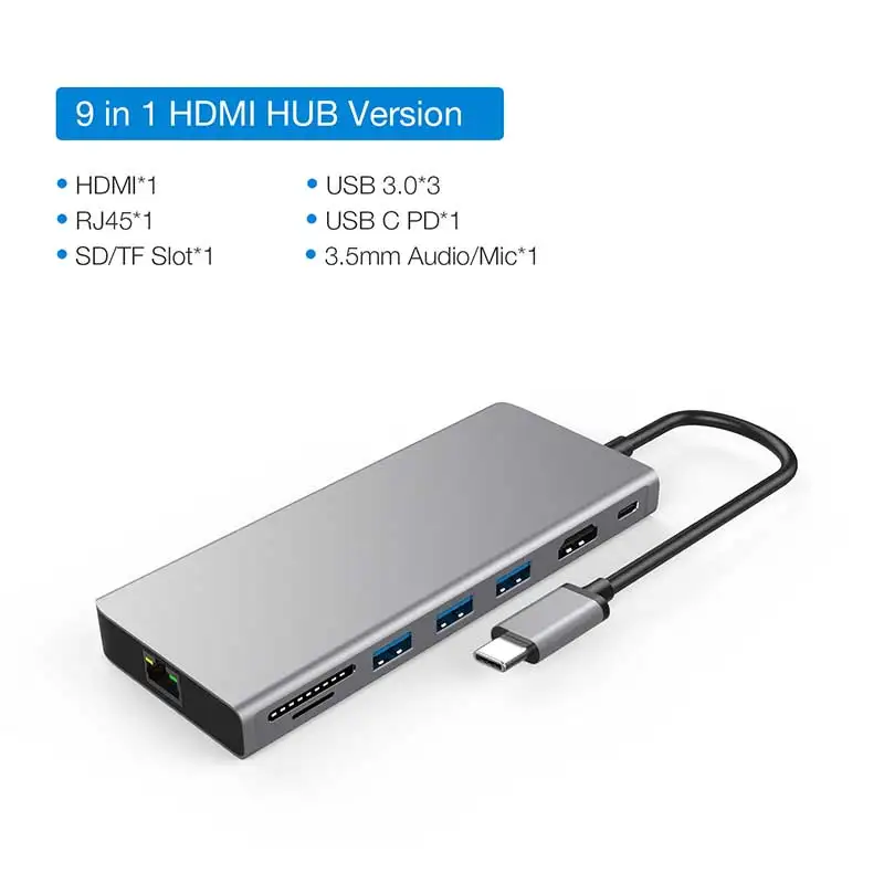 JZYuan USB док-станции для ноутбука USB C-HDMI 4K Gigabit Ethernet USB 3,0 type C зарядная док-станция для Macbook Pro huawei P20 Pro - Цвет: Серый