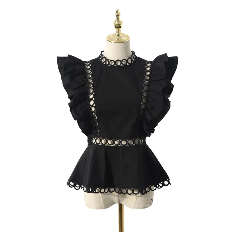 

Luxury Designer Brand Shirt for Women Stand Collar Hollow Out Hook Flower Ruffles Sleeve White Black Short Sleeve Blouse