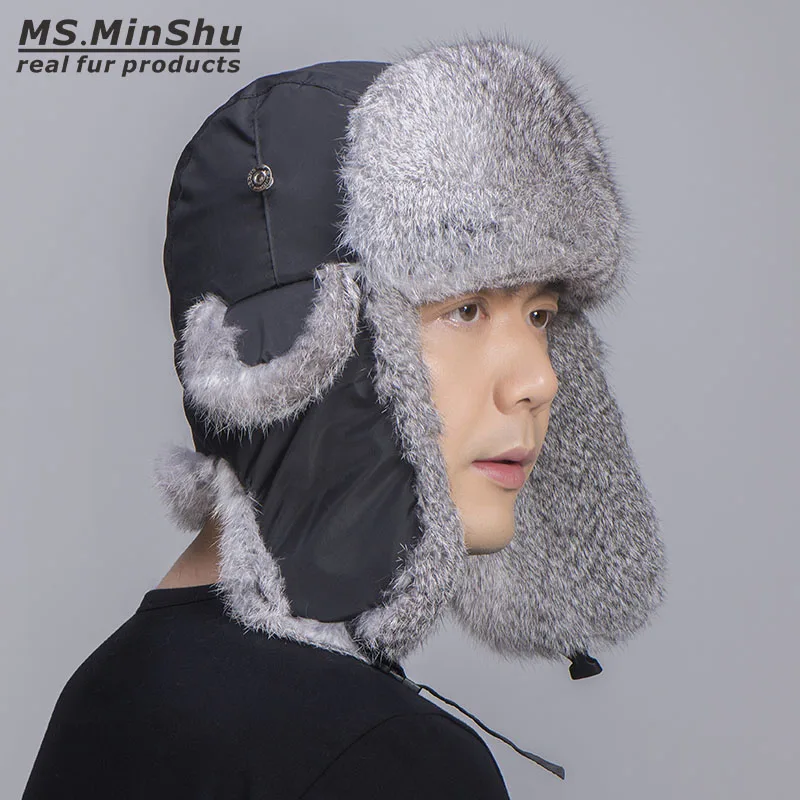 

MS.MinShu Rex Rabbit Fur Hat Winter Skiing Hat Unisex Genuine Rabbit Fur Trapper Hat Natural Fur Bomber Hat Man Women