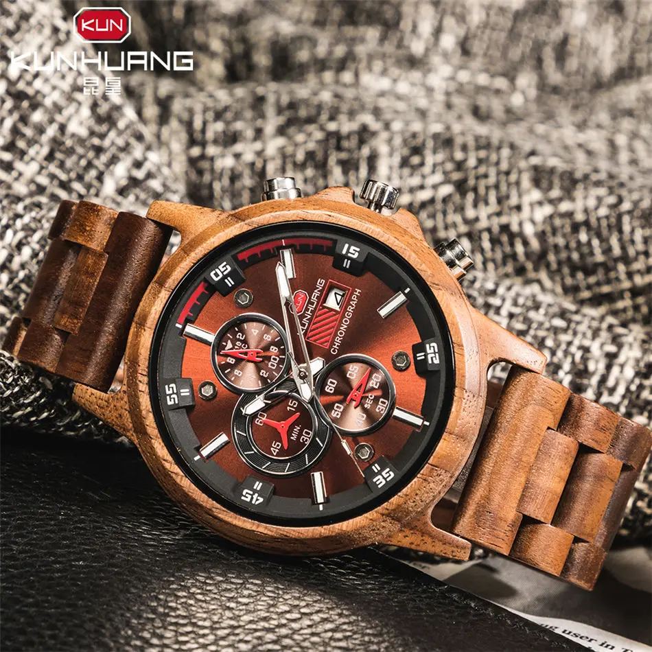  Wooden Men's Watches Casual Fashion Stylish Wooden Chronograph Quartz Watches Sport Outdoor Militar