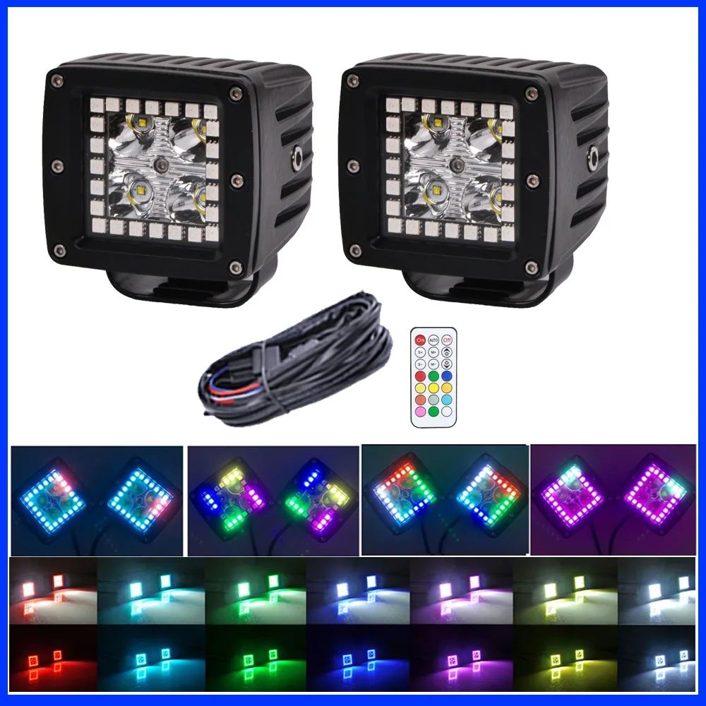Wiring 2x 24W LED Work Light 3/" Cube Pods Flood with RGB Halo Ring Chasing