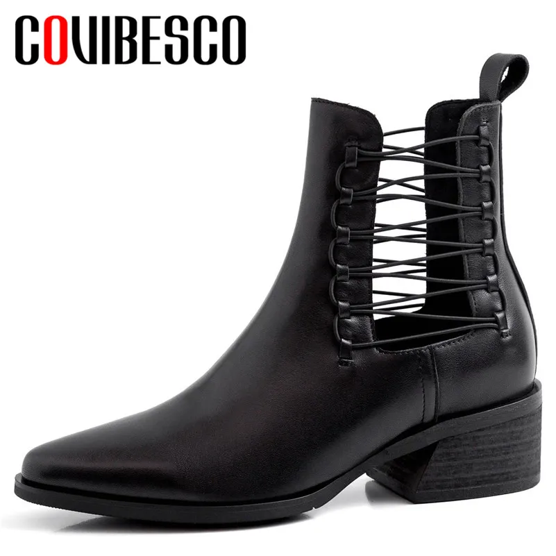 

COVIBESCO New Spring Autumn Genuine Leather Women Ankle Boots Square Heels Pointed Toe Pumps Solid Fashion Casual Shoes Woman