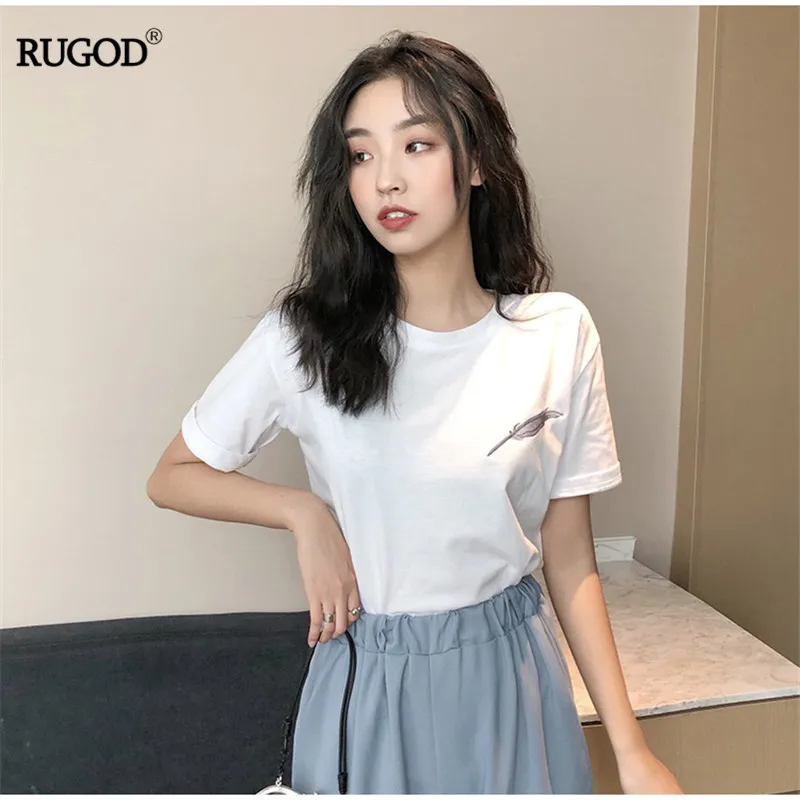 RUGOD Лето 2019 г. Корея для женщин с круглым вырезом fioral вышивка короткий рукав в стиле преппи, свободное модные повседневное леди