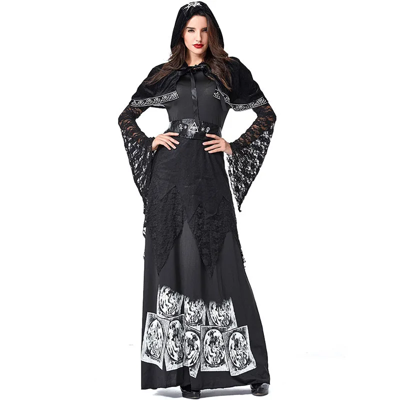 Костюм для взрослых женщин на Хеллоуин Goth Death темно-черный костюм колдуньи страшное Макси-платье кружевное платье с накидкой для дам