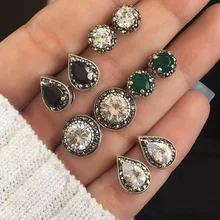5 Pairs/Set Water Drop Green White Crystal Stud Earrings for Women Boho Boucle D'oreille Jewelry Dazzling Cubic Zirconia Brincos
