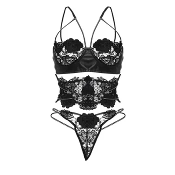 

Womens Leather Lace Bra Push Up Swimsuit Bikini Set Underwired Sexy Three Set Lingerie Underwear lingerie femme majtki damskie