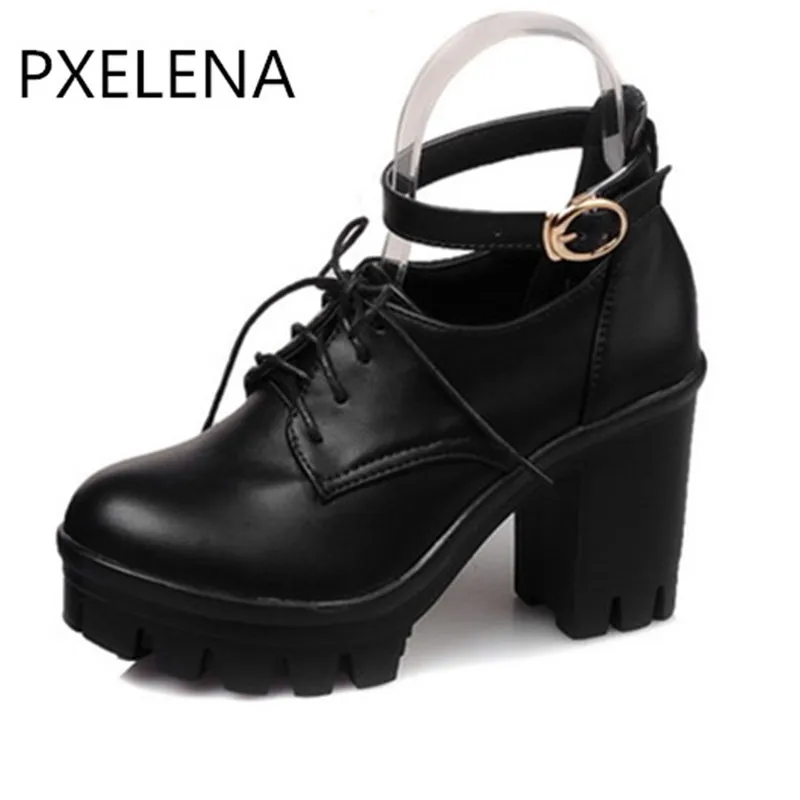 PXELENA/Женская обувь в готическом стиле, панк, размера плюс, Мэри Джейн, женская обувь с круглым носком, на шнуровке, на толстом высоком каблуке, туфли-лодочки на платформе, обувь в римском стиле